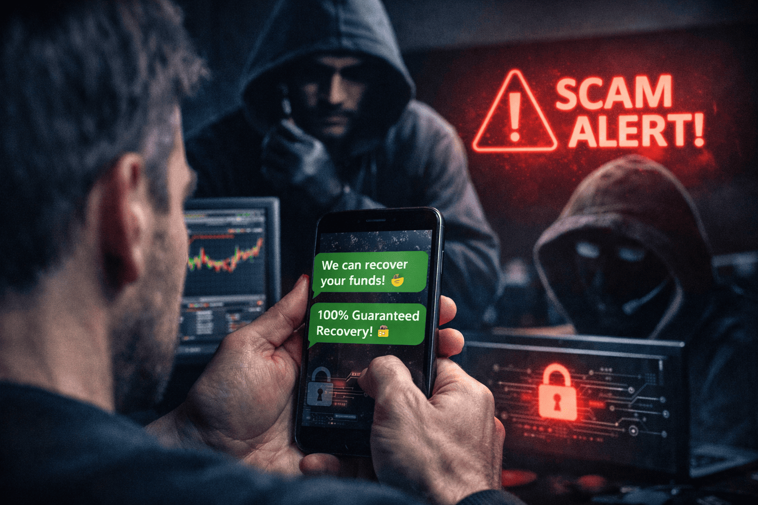 Victime de fraude en cryptomonnaies recevant des messages trompeurs