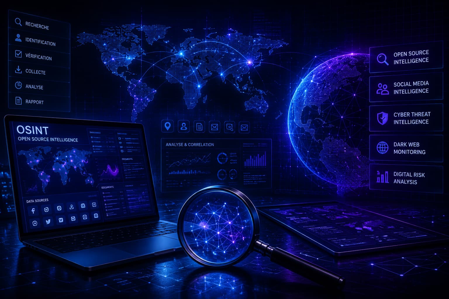 Enquête OSINT de renseignement numérique avec analyse des sources ouvertes, cyber-intelligence et investigation digitale